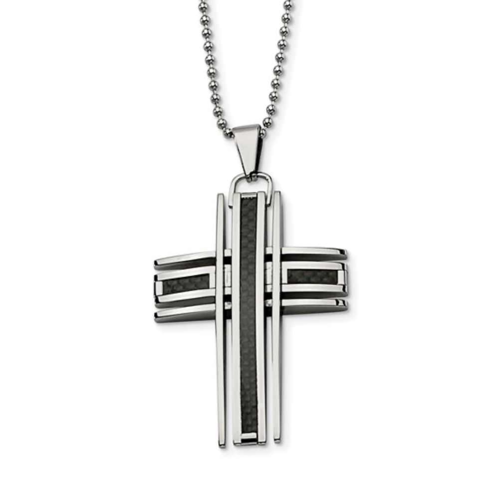 Chisel Stainless Steel Black Carbon Fiber Inlay Cross 24in Necklace